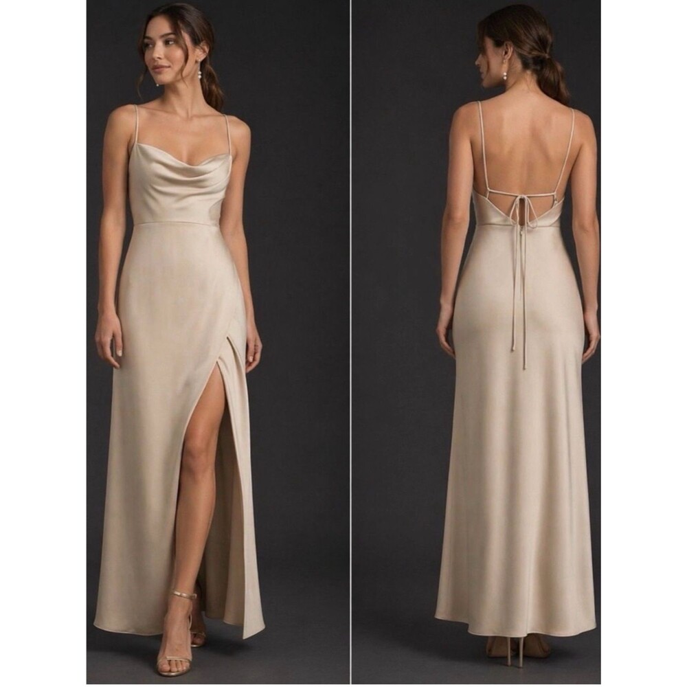 Anthropologie BHLDN Remy Cowl Neck Faux Wrap Satin Gown Champagne Womens Size 2